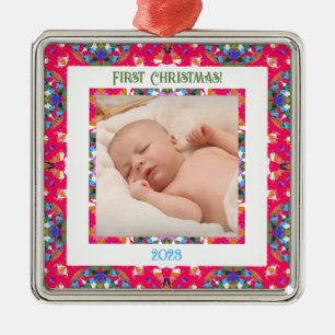 Ornement Carré Argenté Custom Jolly Happy First Christmas Photo Frame