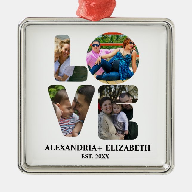 Ornement Carré Argenté Custom modern love 4 photo collage pour couples (Devant)