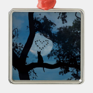 Ornement Carré Argenté Cute Chat et Lune avec Oiseaux Coeur Céramique Or