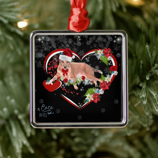 Ornement Carré Argenté Cute Family Pet Name and Date Christmas (Arbre)