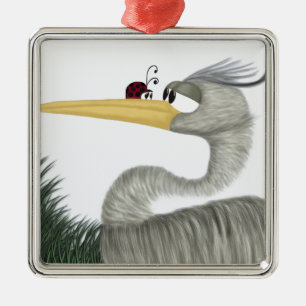 Ornement Carré Argenté Cute Heron et Ladybug