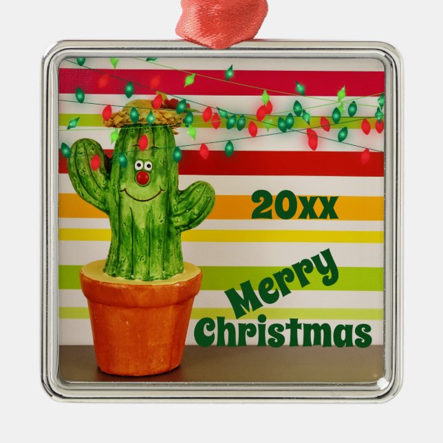Ornement Carré Argenté Cute Holiday Cactus Sud-Ouest Joyeux Noël (Devant)
