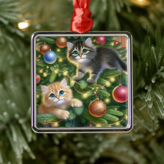 Ornement Carré Argenté Cute Kittens dans l'arbre de Noël (Arbre)