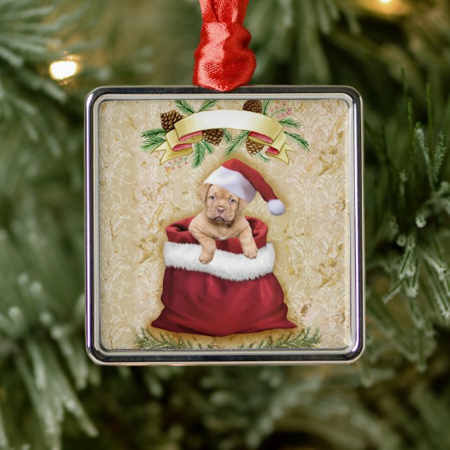 Ornement Carré Argenté Cute Puppy in a bag with Christmas toys (Arbre)