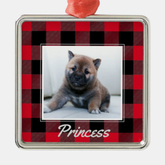 Ornement Carré Argenté Cute Rouge Buffle Plaid Chien personnalisé animal 
