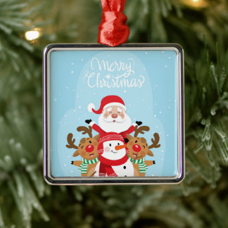 Ornement Carré Argenté Cute Santa Claus, deer and snowman