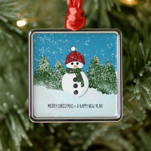 Ornement Carré Argenté Cute Snowman | Joyeux Noël et Bonne Année (Arbre)