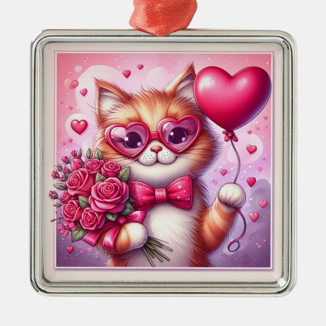 Ornement Carré Argenté Cute Valentine's day cat/chaton (Devant)