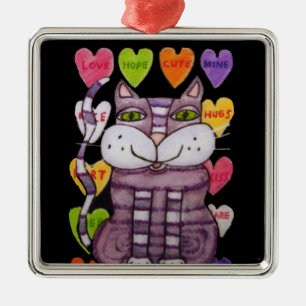 Ornement Carré Argenté Cute Violet Chat Vert Yeux Candy Coeurs Noir