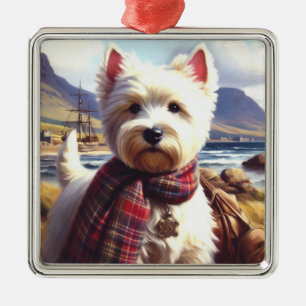 Ornement Carré Argenté Cute West Highland Peinture de Terrier blanc