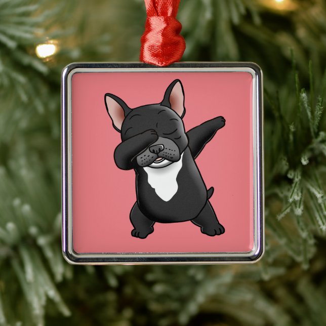 Ornement Carré Argenté Dabbing mignon Français Bulldog (Arbre)