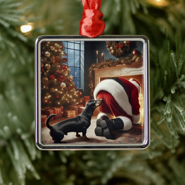 Ornement Carré Argenté Dachshund and Santa  (Arbre)