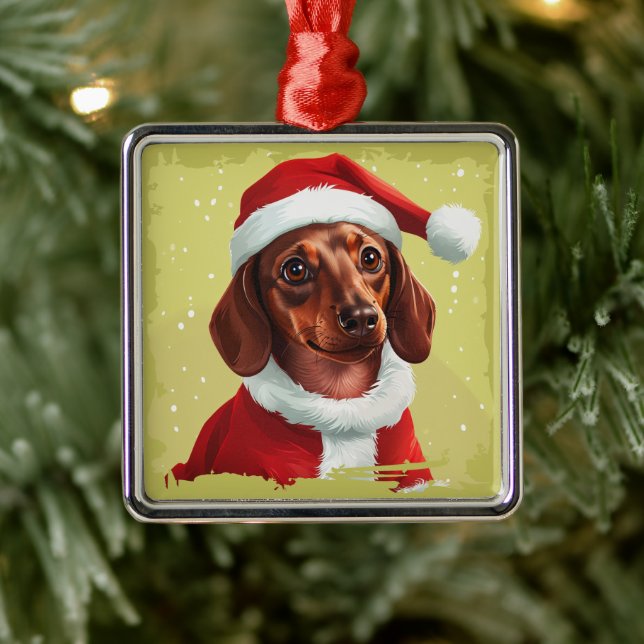 Ornement Carré Argenté Dachshund avec tenue du Père Noël - Noël 1 (Arbre)