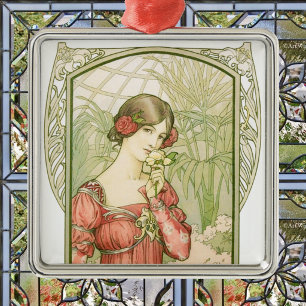 Ornement Carré Argenté Dame de serre élégante d'art nouveau vintage 