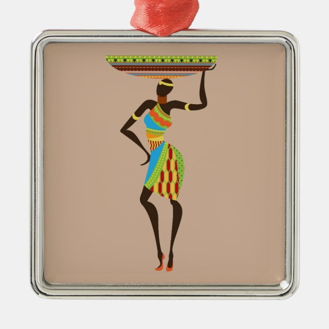 Ornement Carré Argenté Dame tribale africaine avec l'art tribal corbeille (Devant)