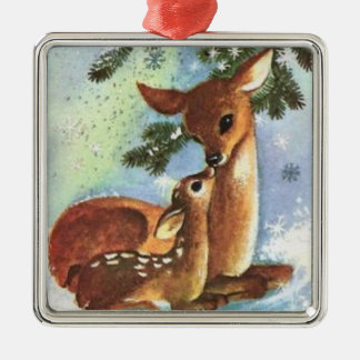 Ornement Carré Argenté Deer and Fawn Tree Christmas Ornament