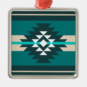 Ornement Carré Argenté Design aztèque en couleur turquoise