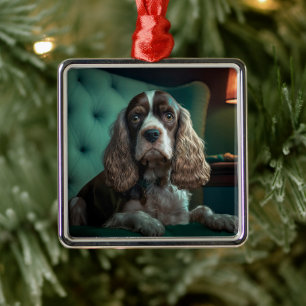 Ornement Carré Argenté Design de portrait classique de Cocker Spaniel élé