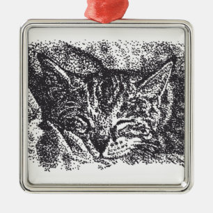 Ornement Carré Argenté Dessin de chat couché mignon