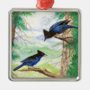 Ornement Carré Argenté Deux Aquarelles Stellar Jay Birds Forêts Arbres