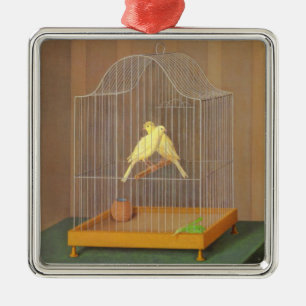 Ornement Carré Argenté Deux Canaries en cage (par Antonio Donghi)