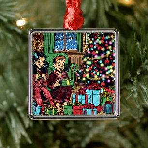 Ornement Carré Argenté Deux mignons enfants Vintages Noël