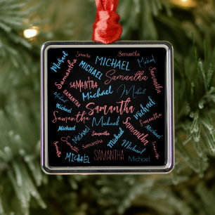 Ornement Carré Argenté Deux noms couples motif monogramme bleu rose clair