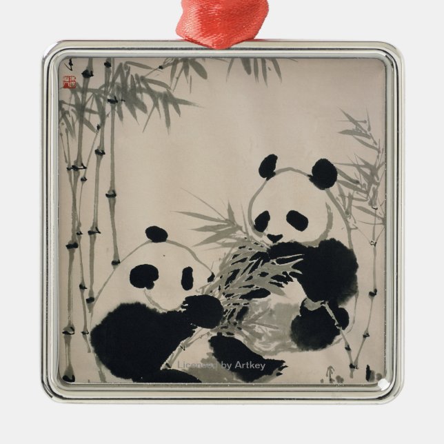 Ornement Carré Argenté Deux pandas (Devant)