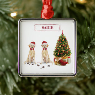 Ornement Carré Argenté Deux récupérateurs du Labrador Drôle chien de Noël