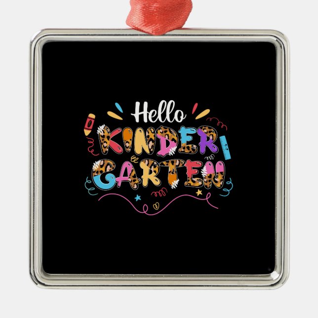 Ornement Carré Argenté Don de l'enseignant | Hello Kinder Garten (Devant)