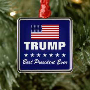 ORNEMENT CARRÉ ARGENTÉ DONALD TRUMP MEILLEUR PRÉSIDENT JAMAIS NOËL