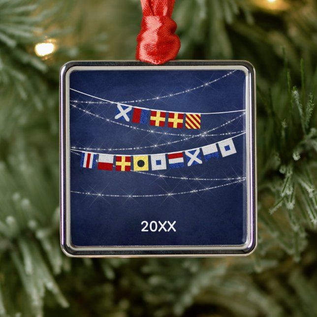 Ornement Carré Argenté Donné #Joyeux Nautique #Signal de Noël (Arbre)