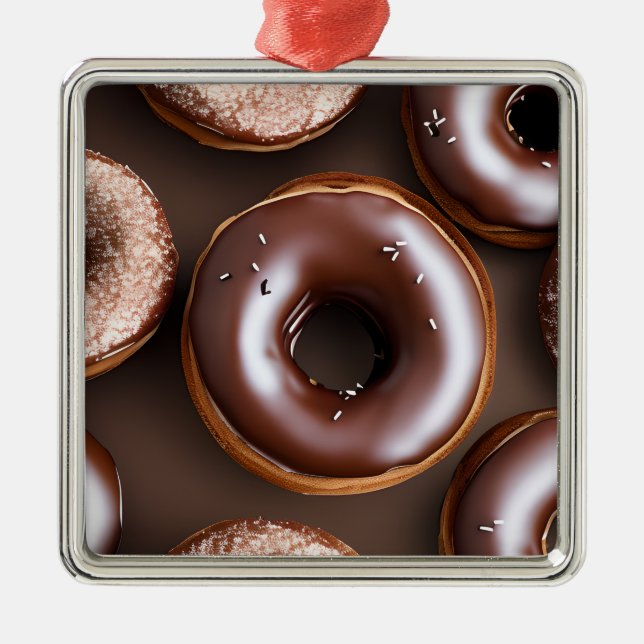 Ornement Carré Argenté Donuts au chocolat avec arrosage Noël (Devant)