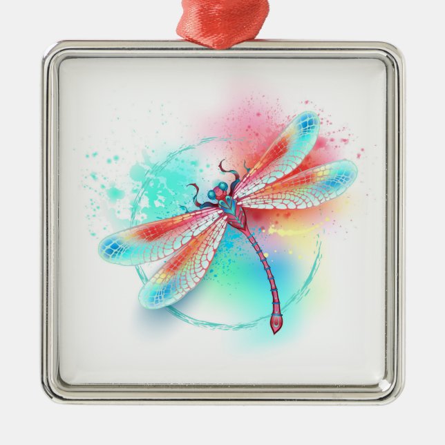 Ornement Carré Argenté Dragonfly rouge sur l'arrière - plan aquarelle (Devant)