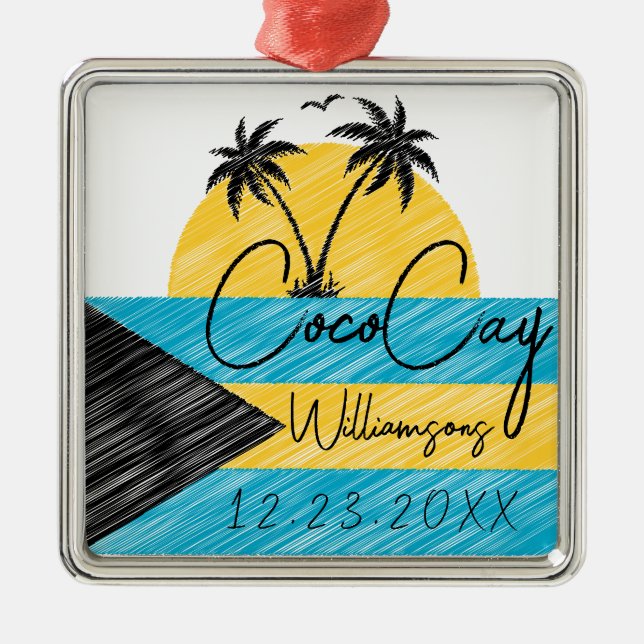 Ornement Carré Argenté Drapeau CocoCay Bahamas Palm Tree Sunset Souvenirs (Devant)