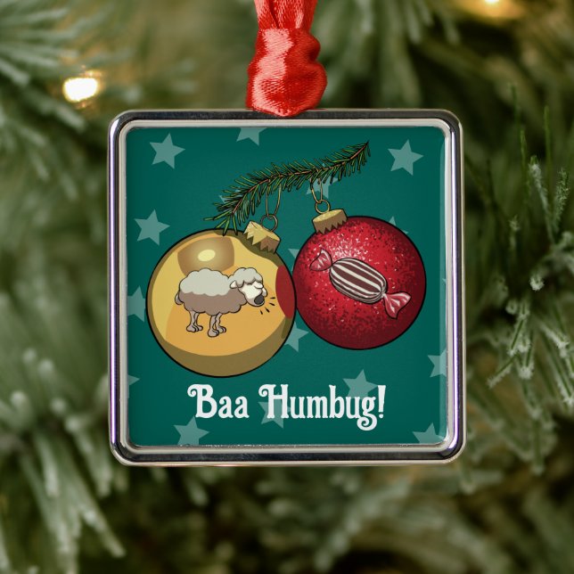 Ornement Carré Argenté Drôle Mouton Noël Bonbon Baa Humbug Carton (Arbre)