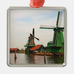 Ornement Carré Argenté Dutch Windmills, Zaanse Schans,