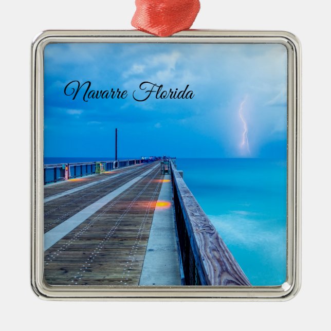 Ornement Carré Argenté Éclair À Navarre Beach Pier Ornament (Devant)