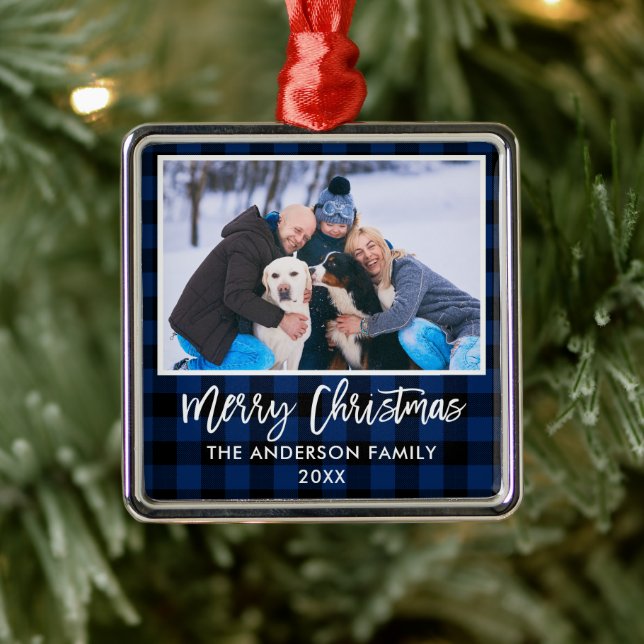 Ornement Carré Argenté Écriture au pinceau Plaid Bleu Famille Joyeux Noël (Arbre)