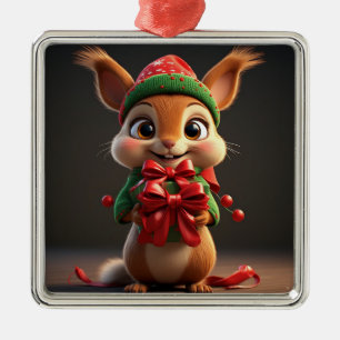 Ornement Carré Argenté Écureuil de dessin animé adorable tenant un cadeau
