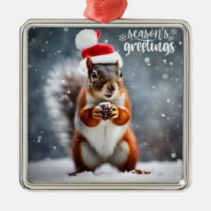 Ornement Carré Argenté Écureuil Père Noël de Noël avec Pinecone