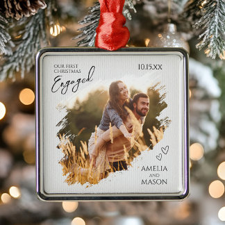Ornement Carré Argenté Elegant Photo First Christmas Engaged