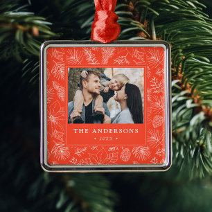 Ornement Carré Argenté Elégant Poinsettias et Pinecones Orange Photo