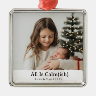 Ornement Carré Argenté Élégant "Tout est calme" Photo de Noël