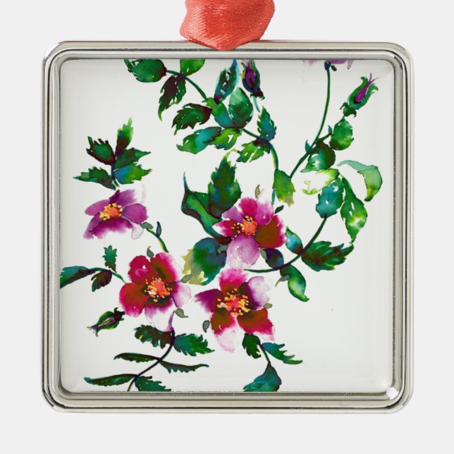 Ornement Carré Argenté Elégante aquarelle moderne fleur sauvage rose fonc (Devant)