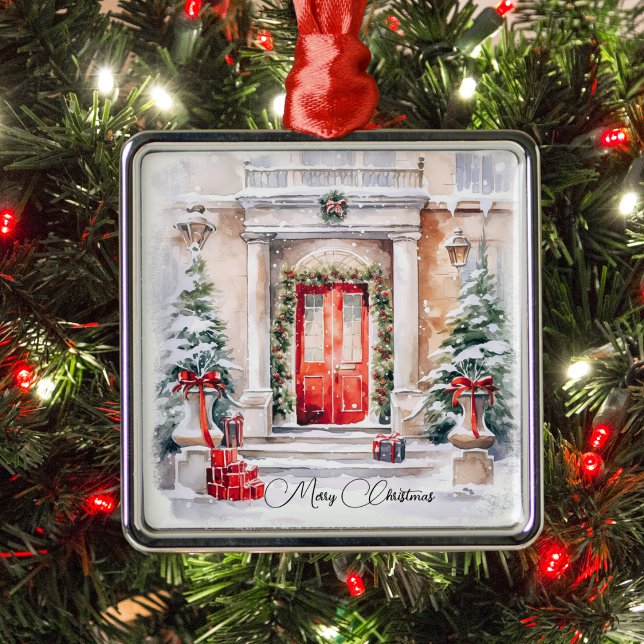 Ornement Carré Argenté Élégante porte rouge classique Joyeux Noël (Créateur téléchargé)