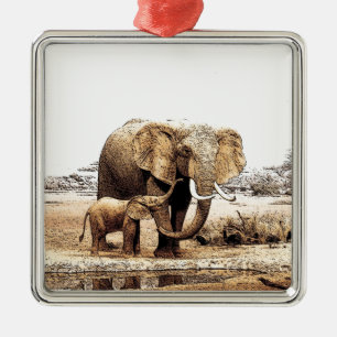 Ornement Carré Argenté Eléphant et bébé Eléphant