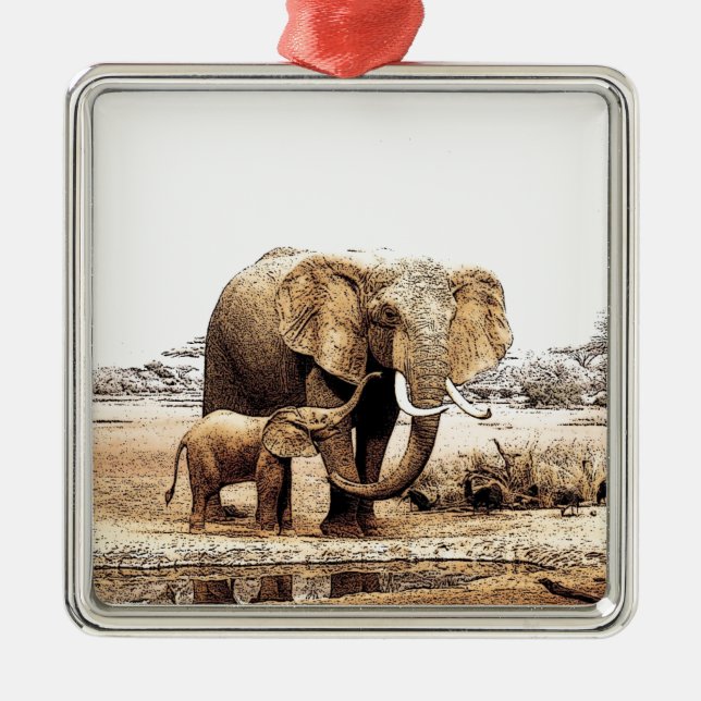 Ornement Carré Argenté Eléphant et bébé Eléphant (Devant)