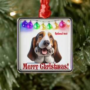 Ornement Carré Argenté En attente de Père Noël Basset Hound