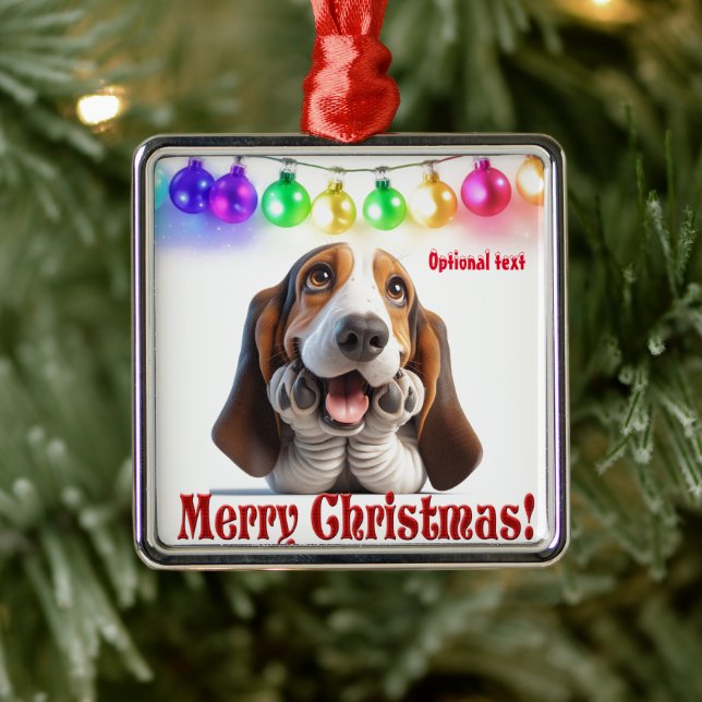 Ornement Carré Argenté En attente de Père Noël Basset Hound (Arbre)